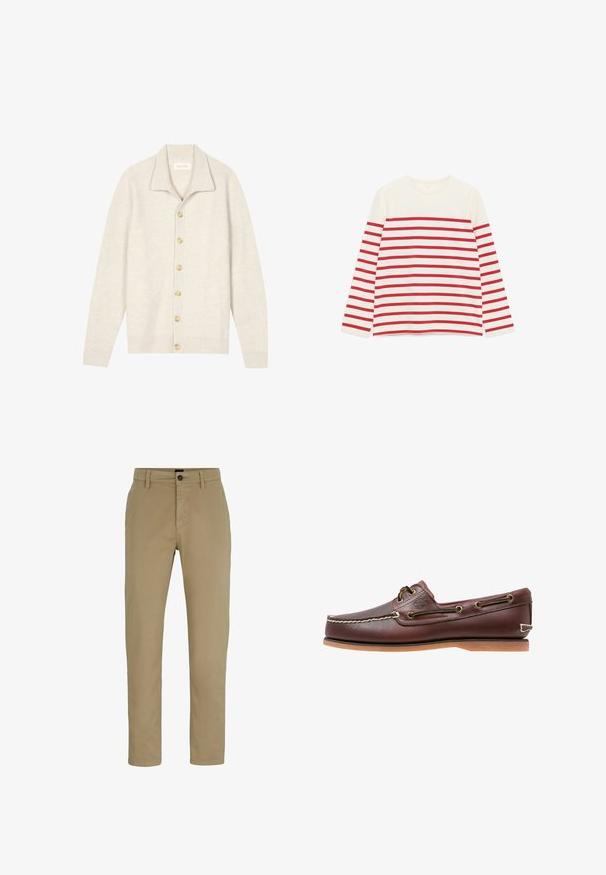 Cardigan beige acanalado con mangas largas, cuello plano y siete botones redondos en la parte frontal. Textura suave, ideal para usar en capas.; Camisa blanca de manga larga con rayas horizontales rojas en el cuerpo y las mangas, con un escote redondo.; Chinos de algodón beige con un ajuste slim, frente plano y cierre de botón. Presenta trabillas para cinturón y bolsillos laterales para mayor funcionalidad.; Zapato náutico de cuero marrón con costuras blancas, detalles de cordones y suela de goma color coñac, mostrado de lado sobre un fondo blanco.