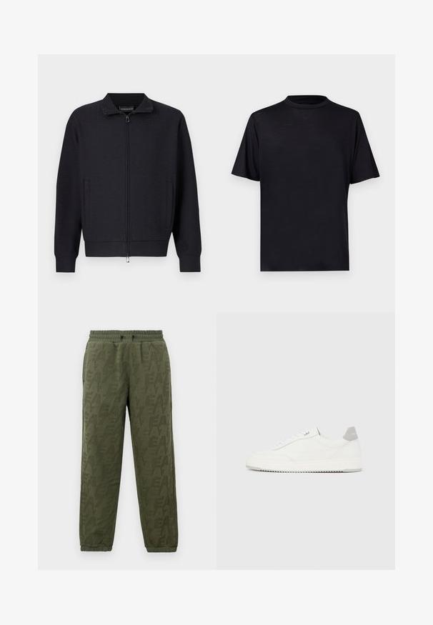 Veste noire zippée avec un motif texturé, col montant, poches latérales et poignets côtelés. Confectionnée dans un tissu doux et tissé.; T-shirt noir à manches courtes avec un col montant, confectionné dans un tissu lisse et léger, présentant un design minimaliste sans motifs ni accents.; Pantalons de jogging en polaire vert olive avec taille et poignets élastiques, présentant un motif logo EA7 ton sur ton subtil sur toute la surface.; Baskets basses blanches avec un onglet de talon gris, des lacets blancs et une semelle texturée, présentées sur un fond uni clair.