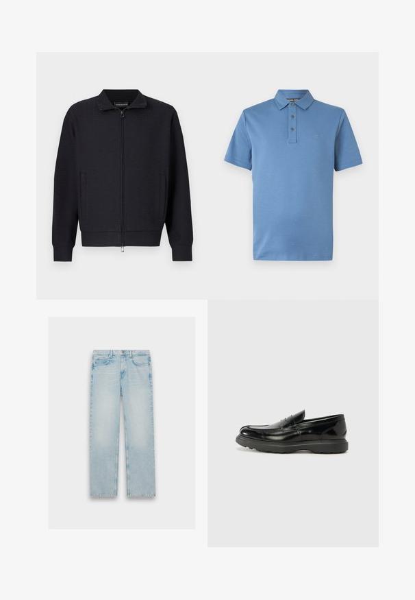 Zwarte jas met rits en een gestructureerd patroon, opstaande kraag, zijzakken en geribbelde manchetten. Gemaakt van zachte, geweven stof.; Blauw poloshirt met korte mouwen, klassieke kraag, drieknopenbies en subtiel "MK"-logo op de linkerborst.; Lichtblauwe denim jeans met een recht model, vijf zakken en een vervaagde afwerking. Metaalbeslag en gestikte details zijn zichtbaar.; Zwarte leren instapper met een glanzende afwerking, een ronde neus, subtiele stiksels en een dikke rubberen zool voor duurzaamheid.