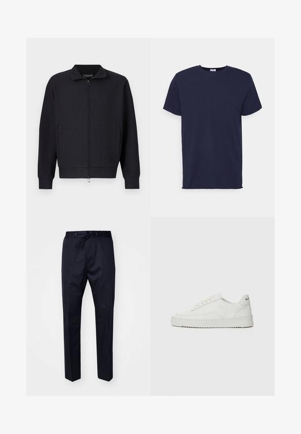 Sort lynlåstrøje med tekstureret mønster, ståkrave, sidelommer og ribstrikkede manchetter. Fremstillet af blødt, vævet stof.; Marineblå kortærmet t-shirt lavet af blødt stof. Har rund halsudskæring og en lige pasform uden mønstre eller accenter.; Marineblå, letvægtsbukser med elastisk talje, justerbar snor og lige ben. Glat tekstur uden synlige mønstre eller accenter.; Hvide lædersneakers med en glat overflade, rund tå, flade snørebånd og en tekstureret sål. Har et diskret logo på hælen.