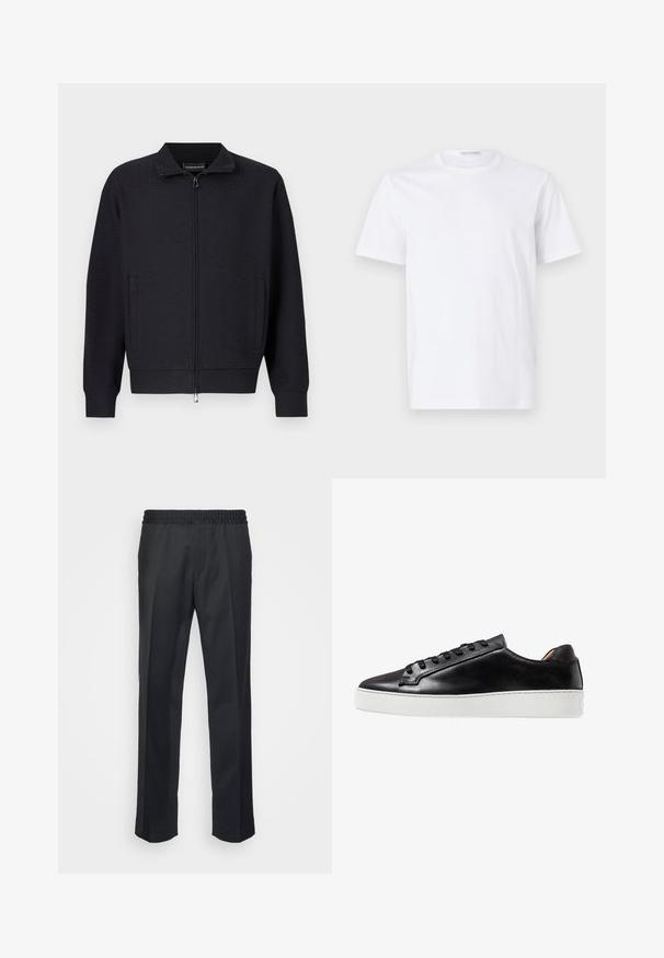 Sort lynlåstrøje med tekstureret mønster, ståkrave, sidelommer og ribstrikkede manchetter. Fremstillet af blødt, vævet stof.; Hvid bomulds t-shirt med rund halsudskæring og korte ærmer. Glat tekstur, lige snit og minimalistisk design uden mønstre eller accenter.; Sorte bukser med en afslappet pasform, der har en elastisk talje, lige ben og en blød, glat stoftekstur.; Sorte lædersneakers med en glat finish, der har en hvid gummisål, snøreføring og minimalistiske designaccenter.