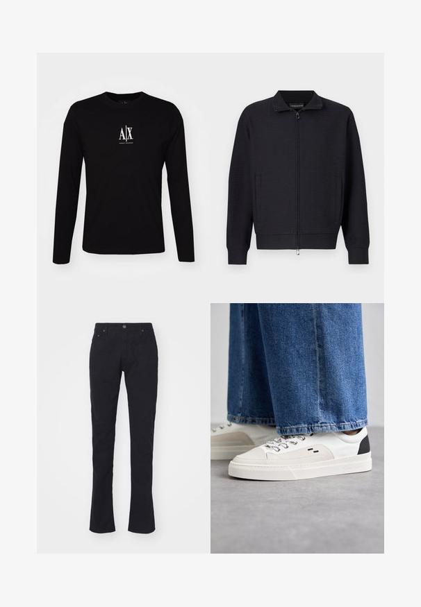 Chaqueta negra con cremallera, patrón texturizado, cuello alto, bolsillos laterales y puños acanalados. Fabricada con tejido suave y tejido.; Camiseta negra de manga larga hecha de algodón con cuello redondo. Presenta el logotipo blanco "A|X" centrado en el pecho. Diseño simple, con acentos mínimos.; Pantalones de algodón negros con corte recto, con cierre de botón, dos bolsillos frontales y una textura suave. Sin patrones ni acentos.; Zapatillas blancas y negras con una parte superior de cuero suave, acentos texturizados y una suela blanca gruesa. Presenta un diseño clásico de cordones.
