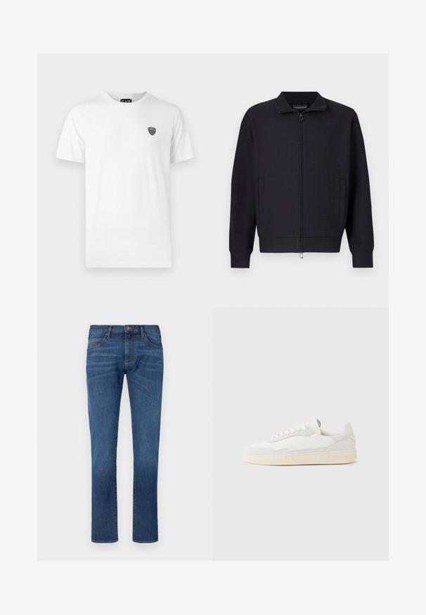 Veste noire zippée avec un motif texturé, col montant, poches latérales et poignets côtelés. Confectionnée dans un tissu doux et tissé.; T-shirt en coton blanc à manches courtes, avec un petit logo noir sur la zone de la poitrine gauche. Design classique à col rond.; Jean en denim bleu coupe droite, doté d'un design classique à cinq poches et d'une fermeture à boutons. Décoloration subtile sur la texture du tissu.; Baskets blanches avec dessus en daim et cuir texturé. Caractérisées par un bout arrondi, une fermeture à lacets et une semelle en caoutchouc beige contrastante.
