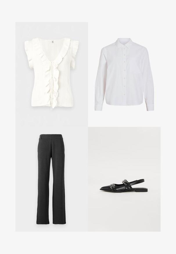 Haut en maille blanc sans manches à rayures verticales, col en V, bordure volantée le long de l'encolure et à l'avant, avec des liens de fermeture au centre.; Chemise blanche à manches longues, boutonnage frontal, col classique, poche poitrine unique, confectionnée dans un tissu lisse et léger avec une coupe décontractée.; Pantalons droits de couleur gris foncé, fabriqués en tissu doux. Ils présentent une taille lisse et aucun motif ou accent visible.; Even&Odd by Zalando Ballerines à brides arrière - black