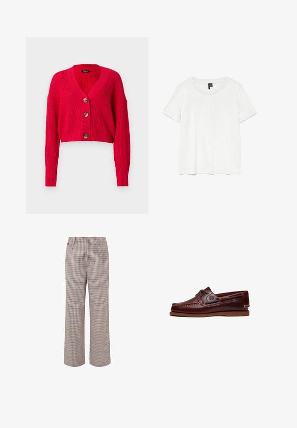 Afklippet rød cardigan lavet af ribstrikket materiale, med en dyb V-hals, lange ærmer og tre store brune knapper ned ad forsiden.; Hvid kortærmet t-shirt med rund halsudskæring, lavet af letvægtsstof. Enkel design, glat tekstur og lige kant.; Tjekkede bukser i beige, rød og marineblå. Bred ben-design med skræddersyet talje og plisseringer, der har en tekstureret stoffinish.; Brun læder bådsko med snørre, syningsdetaljer og Timberland-logo på siden, vist på en hvid baggrund.