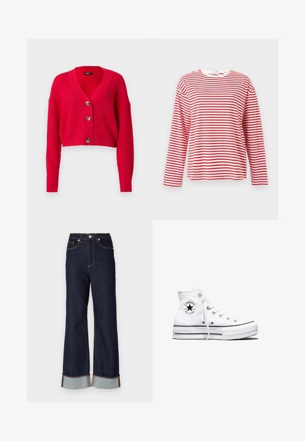 Afklippet rød cardigan lavet af ribstrikket materiale, med en dyb V-hals, lange ærmer og tre store brune knapper ned ad forsiden.; Rød- og hvidstribet langærmet T-shirt med rund halsudskæring, lavet af blødt stof, med jævnt placerede striber og en afslappet pasform.; Mørk denim brede benbukser med raw kant, kontrasterende orange syninger og to frontlommer; opfoldede manchetter afslører lysere denim nedenunder.; Hvid højtop Converse Chuck Taylor All Star-sneaker med sort logo-patch og hvide snørebånd, vist på hvid baggrund.