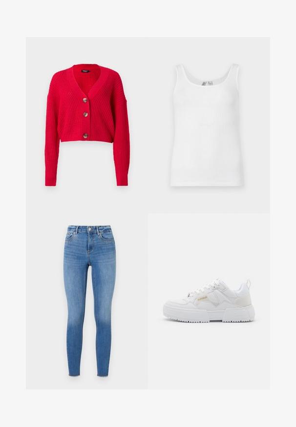 Afklippet rød cardigan lavet af ribstrikket materiale, med en dyb V-hals, lange ærmer og tre store brune knapper ned ad forsiden.; Hvid ribbet ærmeløs tanktop med rund halsudskæring, vist fladt mod en lys baggrund.; Tætsiddende jeans lavet af lys blå denim med dekorative nitter på frontlommeområdet og enrevet kant ved anklen.; Hvide sneakers med et chunky design, fremstillet af læder og syntetiske materialer, med teksturerede detaljer, snørebånd og et fremtrædende logo i guld.