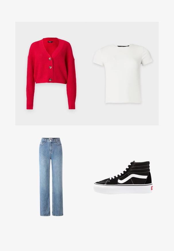 Geknipte rode cardigan van ribbrei materiaal, met een diepe V-hals, lange mouwen en drie grote bruine knopen aan de voorkant.; Wit geribbeld gebreid T-shirt met korte mouwen en een ronde hals, weergegeven op een effen lichtgrijze achtergrond.; Lichtblauwe high-waisted jeans, gemaakt van denim, met een rechte pasvorm, vijf zakken en een metalen knoopsluiting.; Zwarte high-top sneakers met witte veters, een wit logo en contrasterende witte stiksels. Heeft een dikke witte zool en een bovenwerk van gestructureerd suede.