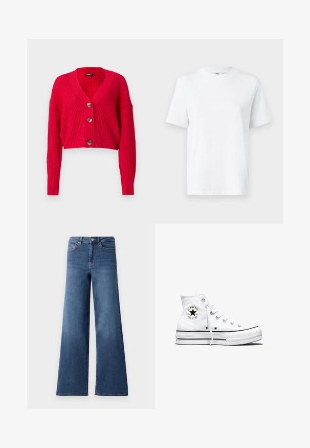 Afklippet rød cardigan lavet af ribstrikket materiale, med en dyb V-hals, lange ærmer og tre store brune knapper ned ad forsiden.; Hvid bomulds T-shirt med rund hals, kortærmet og en glat tekstur. Designet med en afslappet pasform for komfort og alsidighed.; Bredde ben blå denimjeans med en standard talje, forlommer og en glat tekstur. Ingen synlige mønstre eller udsmykninger.; Hvid højtop Converse Chuck Taylor All Star-sneaker med sort logo-patch og hvide snørebånd, vist på hvid baggrund.