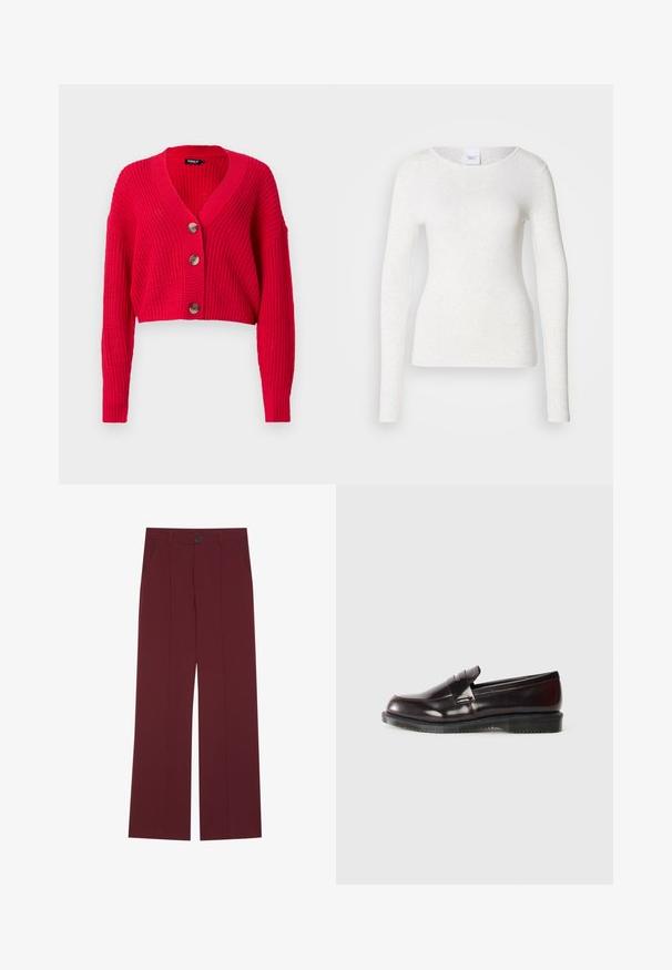Cardigan rouge raccourci en maille côtelée, avec un col en V profond, des manches longues, et trois gros boutons marron sur le devant.; T-shirt blanc à manches longues en tissu doux et léger avec un col rond et une coupe ajustée, présentant une texture subtile.; Pantalons bordeaux avec une coupe évasée, dotés d'une fermeture à bouton, de deux poches latérales et de détails plissés à l'avant. Texture de tissu lisse.; Mocassins en cuir bordeaux avec une surface lisse, un détail de couture surélevé et une semelle en caoutchouc. Conçus avec un bout arrondi et un matériel minimal.