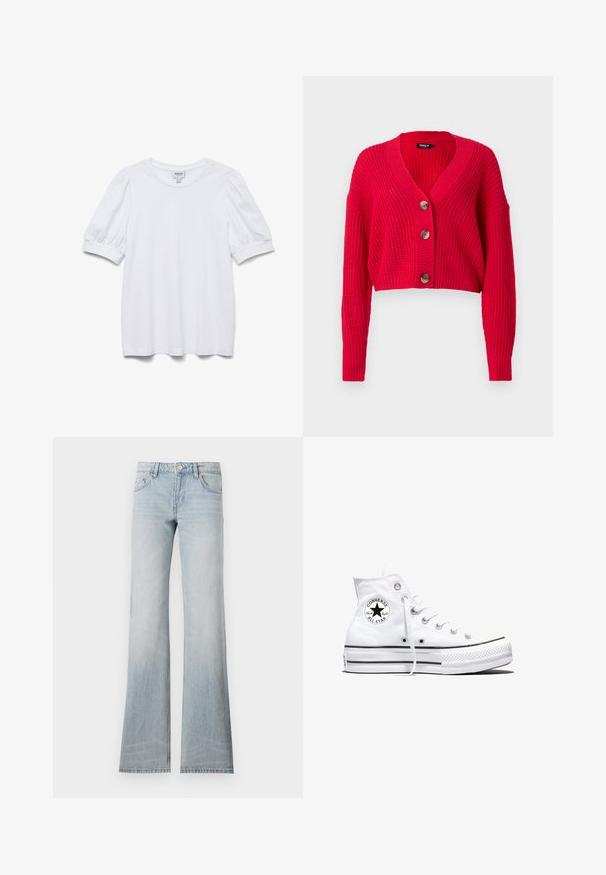 Afklippet rød cardigan lavet af ribstrikket materiale, med en dyb V-hals, lange ærmer og tre store brune knapper ned ad forsiden.; Hvid kortærmet top med rund halsudskæring og puffede ærmer. Lavet af glat stof, med et mærke mærket "AWARE."; Lyseblå denim flared jeans med en slidt finish, fem lommer og knaplukning. Stoffet har en glat tekstur og let stræk.; Hvid højtop Converse Chuck Taylor All Star-sneaker med sort logo-patch og hvide snørebånd, vist på hvid baggrund.