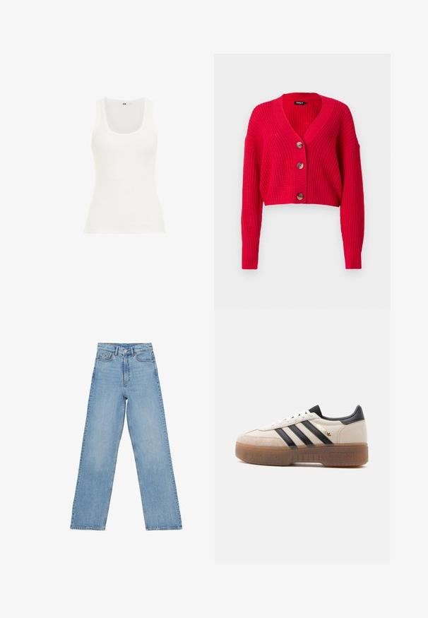 Geknipte rode cardigan van ribbrei materiaal, met een diepe V-hals, lange mouwen en drie grote bruine knopen aan de voorkant.; Witte geribde tanktop met een ronde hals en brede schouderbanden. De stof lijkt rekbaar en aansluitend, geschikt voor het dragen in lagen of voor casual gebruik.; Lichtblauwe denim jeans met een hoge taille, rechte pijpen, voorzien van vijf zakken en een knoopsluiting. Geen zichtbare patronen.; Witte en beige sneaker met zwarte strepen, zwarte hielstrook, "Spezial" label in goud en een dikke, doorschijnende bruine zool.