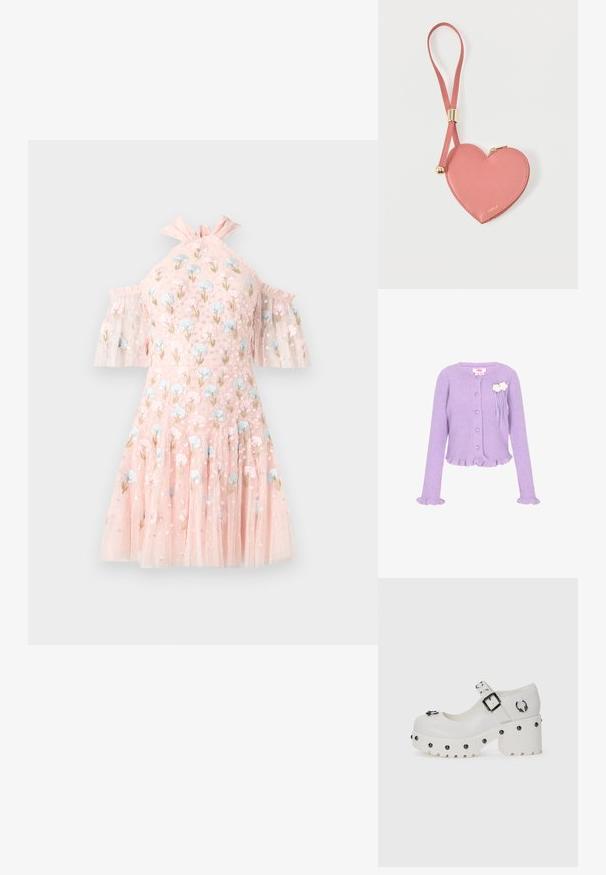 Cardigan en tricot côtelé lilas avec des boutons en forme de cœur, des poignets et un ourlet volantés, et deux décorations florales blanches sur la poitrine.; Robe courte rose avec manches épaules dénudées, ornée de broderies florales bleues et roses, tissu en tulle transparent à couches, et encolure à volants.; Chaussures à plateforme blanches avec un bout arrondi, sangle à boucle et clous ronds. Semelle texturée avec un léger talon et détail de quincaillerie décoratif.; Pochette à pièces en cuir rose en forme de cœur avec sangle de poignet et fermeture éclair dorée, marquée d’un petit texte doré "Furla".