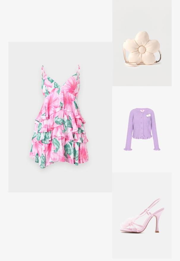 Lilla ribbet strikket cardigan med hjerteformede knapper, flæser ved ærmer og kant, samt to hvide blomsterdekorationer på brystet.; Blomsterkjole med v-hals, lyserød og grøn overdimensioneret blomstermønster, lagdelte flæser og en let stofstruktur.; Pink højhælet sandal med tynde stropper, slingback-design, åben tå og blomsterdekoration på den forreste rem.; Krydderfarvet lædertaske med skulderrem formet som en stor, polstret blomst med fem kronblade og en tynd justerbar rem.
