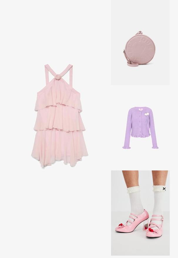 Lilla ribbet strikket cardigan med hjerteformede knapper, flæser ved ærmer og kant, samt to hvide blomsterdekorationer på brystet.; Lys rosa ærmeløs kjole med lagdelte flæser, prydet med en roseaccent bagpå og krydsede stropper, lavet af letvægtsstof.; Lyserøde laklæderhæle med rund tå, tre remme og kirsebærpynt. Klart blokhæl med blomsterdekorationer. Hvide ribbede sokker.; Rund, lyserød lædertaske med præget tekst og hjerte-design, der har en aftagelig skulderrem og en glat overflade.