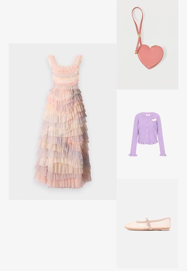 Cardigan en tricot côtelé lilas avec des boutons en forme de cœur, des poignets et un ourlet volantés, et deux décorations florales blanches sur la poitrine.; Robe maxi à plusieurs couches avec des teintes douces de rose, crème et volants en tulle lilas, tissu texturé et décolleté arrondi.; Chaussure plate beige clair avec un bout pointu et une bride latérale avec boucle, présentée sur un fond blanc uni.; Pochette à pièces en cuir rose en forme de cœur avec sangle de poignet et fermeture éclair dorée, marquée d’un petit texte doré "Furla".