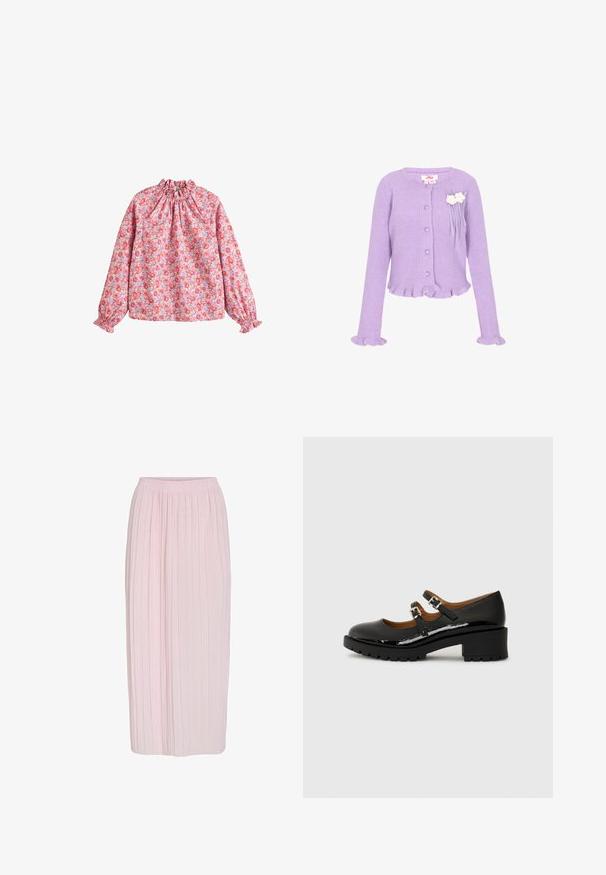 Cárdigan de punto acanalado lila con botones en forma de corazón, puños y dobladillo con volantes, y dos decoraciones florales blancas en el pecho.; Blusa floral con escote y puños fruncidos, con un fondo rosa y flores rojas y moradas, hecha de una tela ligera.; Falda plisada de color rosa claro con una cinturilla relajada y una silueta larga y fluida. Textura suave con sutiles rayas para un detalle adicional.; Zapatos Mary Jane de charol negro con dos correas ajustables, puntera redonda y tacón de goma grueso con un patrón de firmeza texturizado.