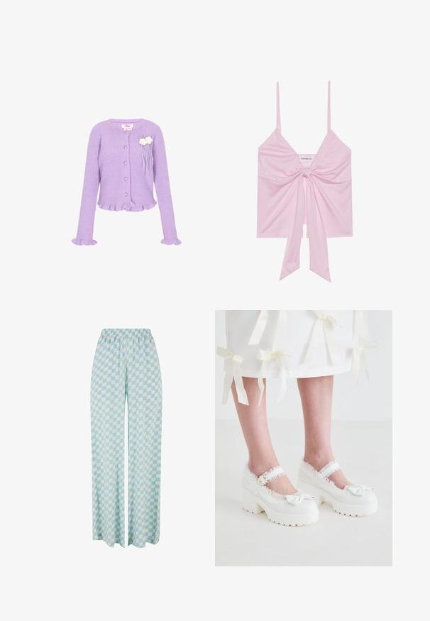 Lilla ribbet strikket cardigan med hjerteformede knapper, flæser ved ærmer og kant, samt to hvide blomsterdekorationer på brystet.; Lyserød ærmeløs top med en knude foran, der har tynde stropper og en blød, glat tekstur. Casual design med en afslappet pasform.; Lysblå vide bukser med ternet mønster i skiftende nuancer og elastisk talje for komfort.; Koi Footwear TIRA RUFFLE MARY JANES PORCELAIN DELIGHTS EDITION - Plateaupumps - white