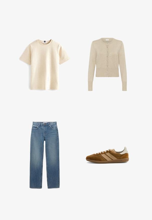 Beige cardigan lavet af blødt, let materiale. Har en rund halsudskæring, lange ærmer og en knaplukning foran med matchende knapper.; Beige kortærmet t-shirt lavet af blødt bomuld, med rund halsudskæring og en afslappet pasform med subtil tekstur.; Lysblå denimjeans med lige snit, fem lommer og hardware i kobberfarve. Stoffet har en let falmning og en glat tekstur.; Brun ruskind og tan læder sneaker med hvide snørebånd, gummisål og kontrasterende beige hælkappe med logo tekst.