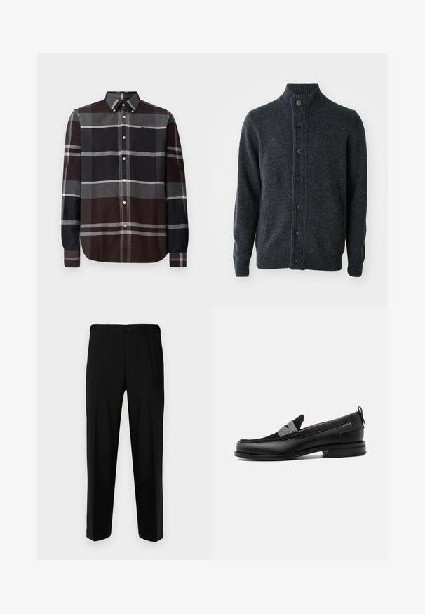 Dunkelgrauer Cardigan ausStrickstoff, mit geripptem Kragen, vorderer Knopfleiste und langen Ärmeln mit gerippten Bündchen und Saum.; Barbour ICELOCH TAILORED TARTAN - Hemd - midnight oak; Schwarze Hosen aus glattem Stoff, mit geradem Schnitt, zwei vorderen Taschen und einem Reißverschluss mit Knopfverschluss.; Schwarzer Lederloafer mit grauem Riemendetail, niedrigem Absatz und strukturierter Sohle, seitlich mit „HUGO“ in Gold gebrandmarkt.