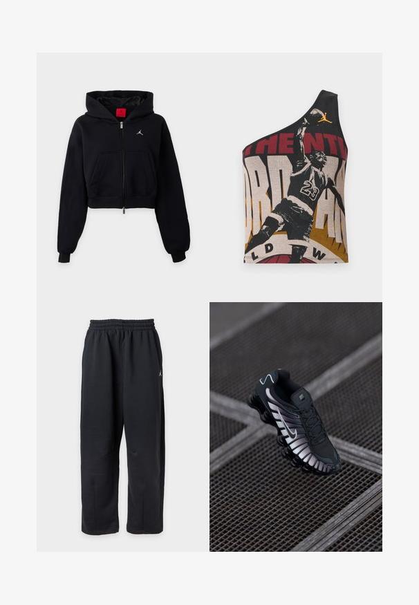 Schwarzer kurzer Kapuzenpullover mit Reißverschluss, Kapuze, Fronttasche, gerippten Bündchen und kleinem weißen Logo auf der Brust.; Asymmetrisches schwarzes Tanktop mit Grafikdruck eines Basketballspielers, strukturierter Stoff und kontrastierende rote, beige und goldene Farben.; Schwarze locker sitzende Sweatpants mit elastischem Bund und kleinem weißem Logo auf der rechten Seite.; Schwarzer Sportschuh mit strukturiertem Mesh-Obermaterial, silbernen Akzenten, Fußgewölbeunterstützung und gepolsterter Sohle mit auffälligem segmentiertem Design.