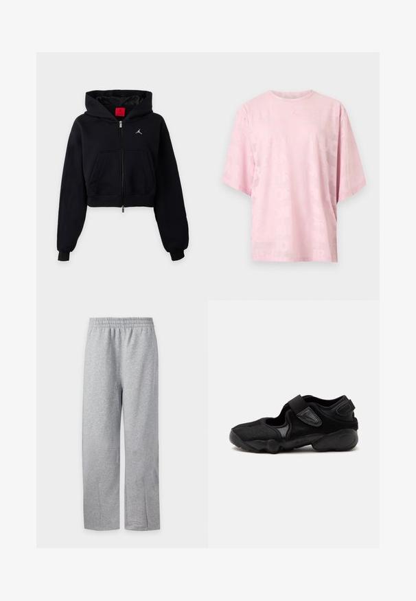 Μαύρο cropped hoodie με φερμουάρ και κουκούλα, μπροστινή τσέπη, ριμπ μανσέτες και μικρό λευκό λογότυπο στο στήθος.; Ανοιχτό ροζ μπλουζάκι με κοντά μανίκια και στρογγυλή λαιμόκοψη, με διακριτικό ανάγλυφο μοτίβο κειμένου σε όλη την επιφάνεια και μικρό ανάγλυφο λογότυπο στο κέντρο του στήθους.; Ανοιχτό γκρι φόρμες με ελαστική μέση και ίσια πόδια, εμφανίζονται σε απλό λευκό φόντο.; Μαύρο αθλητικό παπούτσι με στρογγυλή μύτη, ρυθμιζόμενα λουριά και ανάγλυφη σόλα, εμφανιζόμενο από το πλάι σε απλό φόντο.