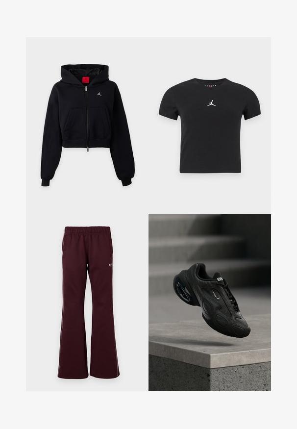 Sort cropped hættejakke med lynlås, hætte, frontlomme, ribstrikkede manchetter og et lille hvidt logo på brystet.; Sort kortærmet cropped T-shirt med hvidt Jumpman-logo centreret på brystet mod en plain baggrund.; Bordeauxfarvede træningsbukser med flagrende design, elastisk talje og sidelommer. Har hvide kantbånd og et lille logo på forsiden.; Sort atletiksko med tekstureret læderoverdel, fremtrædende logo og polstret sål. Indeholder abstrakte mønstre og glatte, afrundede detaljer.