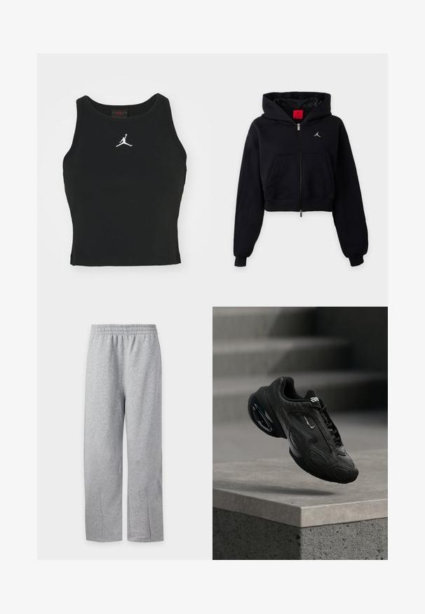 Čierna krátka mikina na zips s kapucňou, predným vreckom, rebrovanými manžetami a malým bielym logom na hrudi.; Čierny priliehavý tielko vyrobené z bavlny, s okrúhlym výstrihom a bielym logom Jordan vyšitým na prednej časti. Hladká textúra.; Svetlosivé tepláky s elastickým pásom a rovnými nohavicami zobrazené na jednoduchom bielom pozadí.; Čierna športová obuv s textúrovaným koženým zvrškom, výrazným logom a polstrovanou podrážkou. Obsahuje abstraktné vzory a hladké, zaoblené doplnky.
