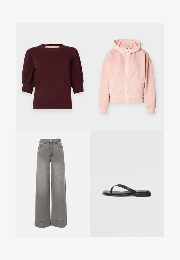 Lyserød hættetrøje med lynlås, forlommer, lange ærmer, ribstrikkede manchetter og hætte, vist mod en ensfarvet hvid baggrund.; Bordeaux strikket sweater med puffede ærmer i mellemlængde samt ribkanter ved ærmerne og forneden, designet til kvinder.; Grå jeansbukser med høj talje og vid ben, med flettet bælte, forlommer, knaplukning og opsmøgede kanter.; Sorte flip-flops lavet af glat læder, med et tyndt remdesign og en flad sål med et minimalt profil. Ingen bemærkelsesværdige mønstre eller accenter.