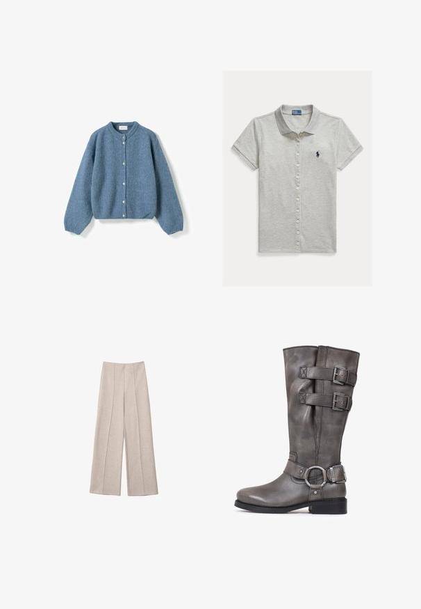 Blauwe gebreide cardigan met lange pofmouwen, ronde halslijn en vooraan sluiting met zes witte knopen.; Lichtgrijs kortemouws poloshirt met knopen en kraag, met een donkerblauw geborduurd Polo Ralph Lauren-logo op de linkerborst.; Beige wijde broek gemaakt van een zachte stof, met opvallende voorplooien en een op maat gemaakte hoge taille, zonder zichtbare zakken.; Grijze leren laars tot de knie met twee decoratieve banden en zilveren gespen. Ronde neus, lage blokhak en een gladde textuurafwerking.