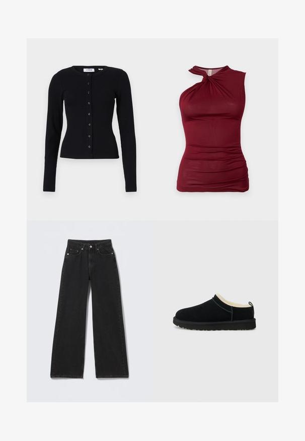 Sort ribbet cardigan med lange ærmer, en rund halsudskæring og en knaplukning foran med seks knapper. Glat tekstur, tætsiddende design.; Bordeaux ærmeløs top med en snoet halsudskæring, lavet af glat, strækbart stof. Har samlede detaljer langs siderne for tekstur.; Sorte højttaljede bredbenede jeans med knap- og lynlåslukning foran, bæltestropper og fem forlommer på en lys baggrund.; Sort ruskind slip-on sko med en blød beige inderside, rund tå og tekstureret gummisål. Minimalistisk design med diskret syning.