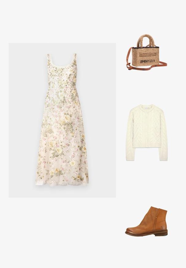 Cremefarbener Strickcardigan mit Zopfmuster, langen Ärmeln, rundem Ausschnitt, Knopfleiste vorne sowie gerippten Bündchen und Saum.; Needle & Thread FLORINE SCOOP NECK BALLERINA DRESS - Ballkleid - cream; Felmini Wide Fit Stiefelette - couro; Geflochtene Strohtasche mit kurzen Griffen, schwarzem Besatz, schwarzem besticktem „BIMBA Y LOLA“-Schriftzug und abnehmbarem braunem Lederriemen mit Knopfdetails.