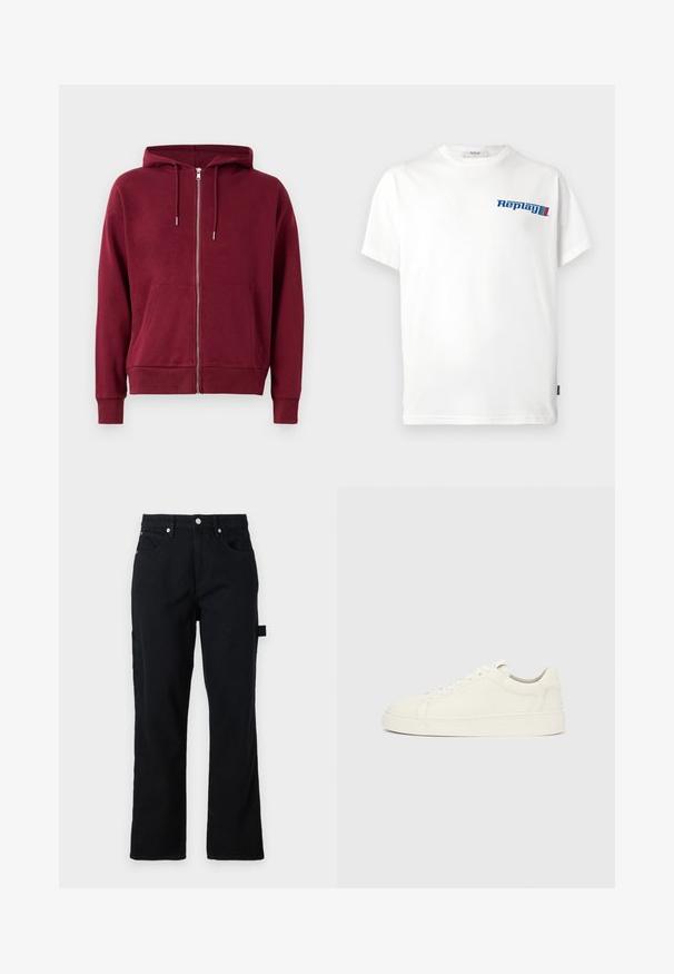 Bordeaux zip-hoodie med snøre i hætten, frontlommer, ribbede manchetter og kant. Lavet af blød, komfortabelt stof.; Hvid bomulds T-shirt med "Replay" logo i blå på brystet; afslappet pasform med korte ærmer og rund halsudskæring.; Sorte denimbukser med lige ben, frontlommer og baglomme med flap. Har sølvhardware og sideløkker for funktionalitet.; Hvid læder sneaker med lavt skaft, snørelukning og flad sål på ensartet lysegrå baggrund, set fra siden.