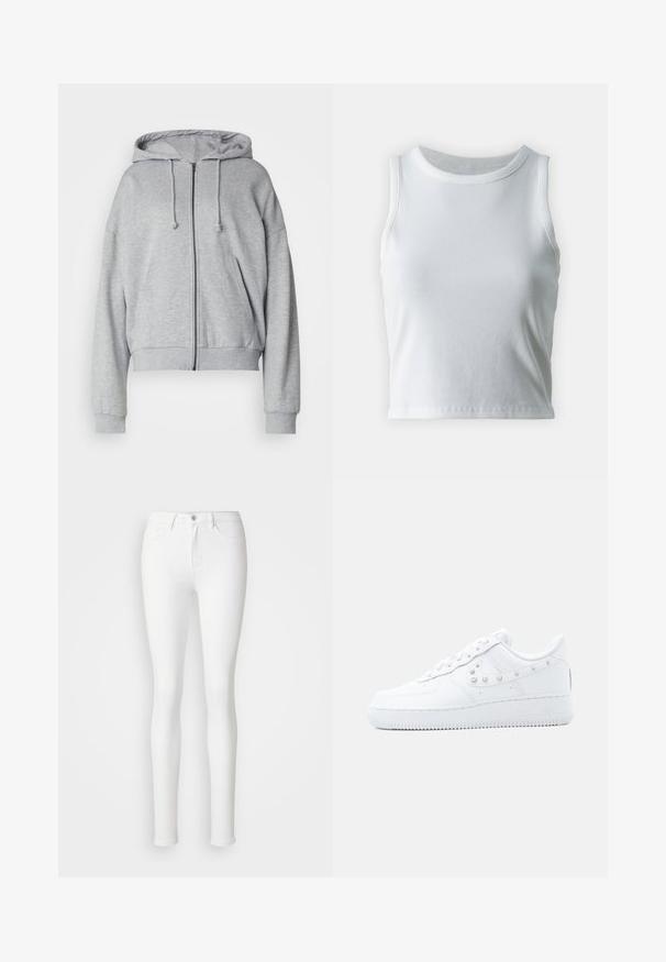 Grå zip-up hættetrøje med snor i hætten, afslappet pasform, sidelommer, ribbede manchetter og kant, lavet af blødt svedtransporterende stof.; Hvid ribbet tanktop med rund halsudskæring og ærmeløs design, med en lige kant og en glat, strækbar tekstur.; Hvide skinny jeans lavet af strækbart bomuldsblandingsstof, der har forlommer, lynlås og en enkelt knaplukning.; Hvid Nike Air Force 1 sneakers med nittebesat Swoosh-detalje og tyk sål, vist mod en ensartet lysegrå baggrund.