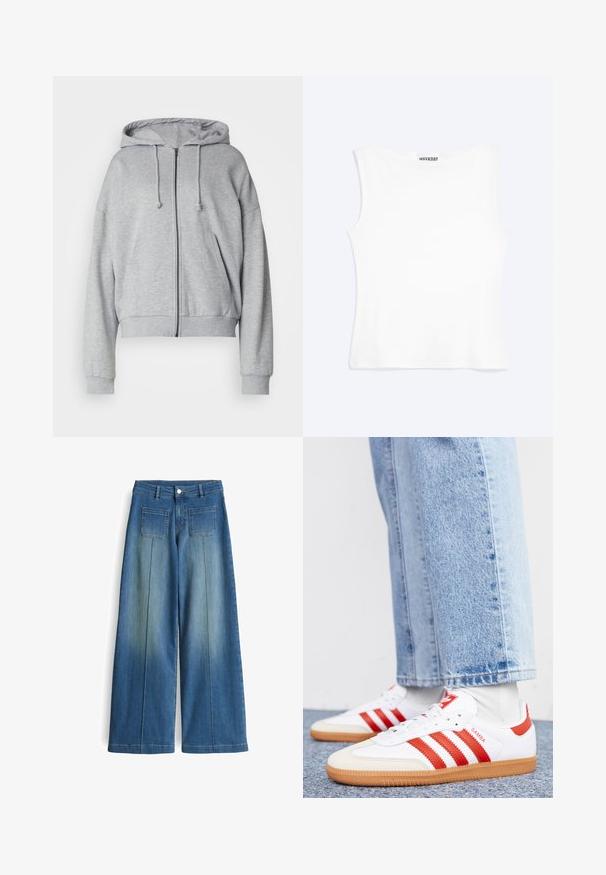 Grauer Reißverschluss-Hoodie mit Kordelzugkapuze, lockerer Passform, seitlichen Taschen, gerippten Bündchen und Saum, aus weichem, schweißableitendem Material.; Weißes, ärmelloses, figurbetontes Tanktop mit rundem Ausschnitt und minimalistischem Design, innen am Kragen mit der Aufschrift „WEEKDAY“.; Weite, hellblaue Jeans mit einem verwaschenen Look, zwei Gesäßtaschen und einem glatten Finish. Verfügt über einen klassischen Knopf- und Reißverschluss.; Weiße Leder Sneaker mit roten Streifen und Akzenten. Verfügt über eine strukturierte Gummi-Laufsohle und einen gepolsterten Schaft. Tragen mit hellblauer Jeans.