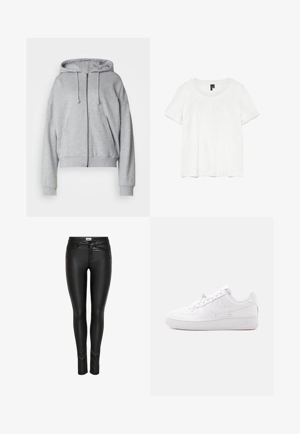 Grå zip-up hættetrøje med snor i hætten, afslappet pasform, sidelommer, ribbede manchetter og kant, lavet af blødt svedtransporterende stof.; Hvid kortærmet t-shirt med rund halsudskæring, lavet af letvægtsstof. Enkel design, glat tekstur og lige kant.; Sorte slim-fit bukser i kunstlæder med frontknap, lynlås-lukning og bæltestropper, vist på en hvid baggrund.; Lavtop hvid sneaker med perforeret tå, snørelukning, tekstureret sål og et diskret swoosh-logo på siden.