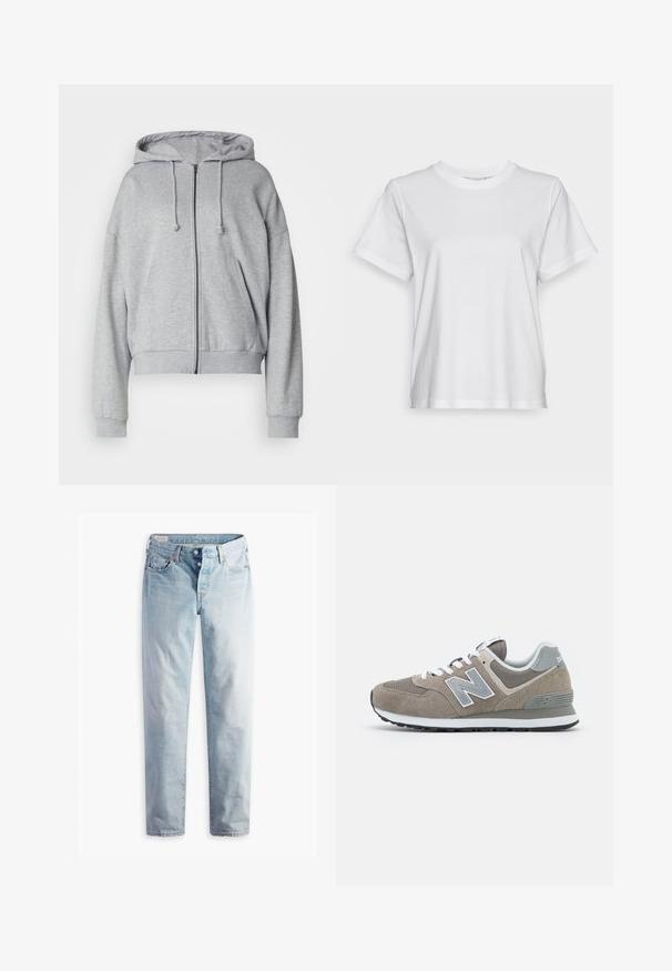 Grijze hoodie met rits, met een trekkoord kap, relaxte fit, zijzakken, ribgebreide boorden en onderrand, gemaakt van zachte, vochtafvoerende stof.; Witte katoenen t-shirt met korte mouwen, ronde hals en een ontspannen pasvorm. Soepele textuur, zonder patroontjes of graphics, basisontwerp.; Lichtblauwe spijkerbroek met een rechte pijp, vijf zakken en metalen knoopsluitingen op een standaard tailleband.; Bruine suède sneakers met grijze mesh accenten, witte veters en een grijs 'N' logo. Rubber zolen met een lichte profiel voor grip.
