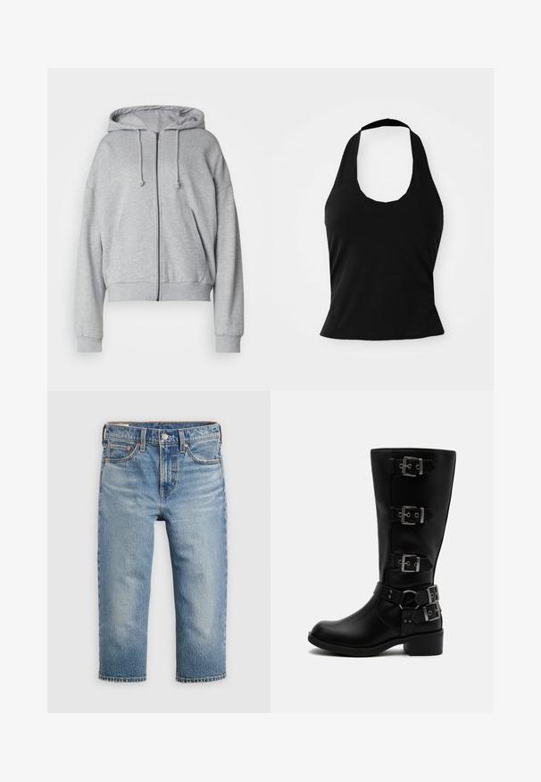 Grauer Reißverschluss-Hoodie mit Kordelzugkapuze, lockerer Passform, seitlichen Taschen, gerippten Bündchen und Saum, aus weichem, schweißableitendem Material.; Schwarzes Halftertop aus weichem Stoff, mit einem U-Bootausschnitt und einer figurschmeichelnden Silhouette, glatter Textur und ohne sichtbare Muster.; Hellblaue Jeans aus Denim mit lockerem Schnitt, verkürzter Länge, fünf Taschen und Metallknopfverschluss. Verblasste Textur mit dezenten Nähdetails.; Schwarzer Lederstiefel bis zur Mitte der Wade mit vier verstellbaren Metallriemen und niedrigem Blockabsatz auf weißem Hintergrund.