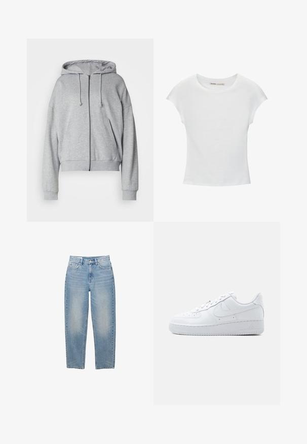Haut de sweat à capuche zippé gris avec cordon de serrage, coupe décontractée, poches latérales, poignets et ourlet côtelés, fabriqué en tissu doux et respirant.; T-shirt en coton blanc avec manches courtes retroussées, encolure ronde et ourlet droit. Texture lisse sans motifs ni accents visibles.; Jean en denim bleu clair à jambes droites avec bouton frontal, fermeture éclair et cinq poches, présenté sur un fond blanc.; Baskets blanches basses Nike Air Force 1 avec fermeture à lacets, bout perforé, et logo swoosh signature sur le côté.