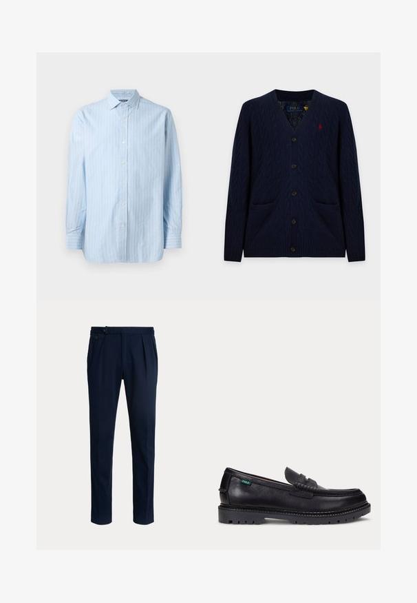 Cárdigan de punto con trenzas en azul marino, con cuello en V, cierre de botones, dos bolsillos delanteros y un pequeño logo bordado en rojo de Polo Ralph Lauren en el pecho.; Camisa de manga larga azul claro con rayas verticales blancas, cuello con botones y cierres de botón en el frente. Tejido de algodón texturizado.; Pantalones entallados azul marino oscuro con pliegues, detalle de botón lateral y corte de pierna recta.; Mocasín de cuero negro con suela gruesa estriada y pequeña etiqueta verde "Polo" en el lado exterior cerca del talón.