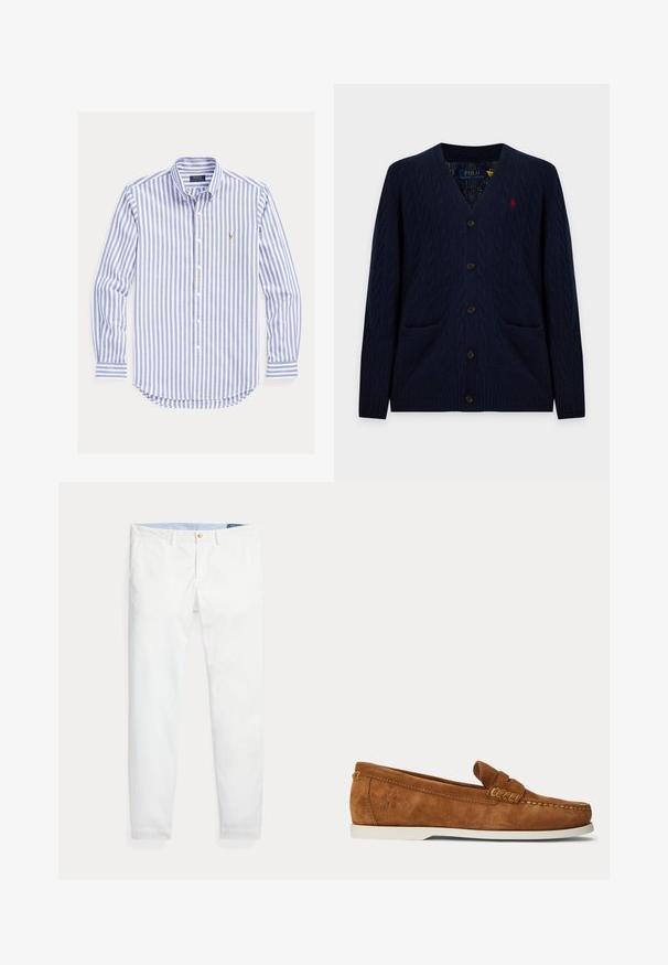 Tmavomodrý kardigán s vrkočovým vzorom, výstrih do V, zapínanie na gombíky, dve predné vrecká a malé červené vyšívané logo Polo Ralph Lauren na hrudi.; Modro-biela vertikálne pruhovaná košeľa s dlhým rukávom, gombíkovým zapínaním, gombíkovým golierom a malým vyšitým logom na hrudi.; Biele bavlnené chino nohavice s úzkym strihom, so zlatým jedným gombíkom na zapínanie a svetlomodrým vnútorným pásom. Hladká textúra bez vzorov.; Hnedý semišový loafer s bielou podrážkou, švy v štýle mokasínov a malým vyrazeným logom pri päte na jednofarebnom svetlom pozadí.