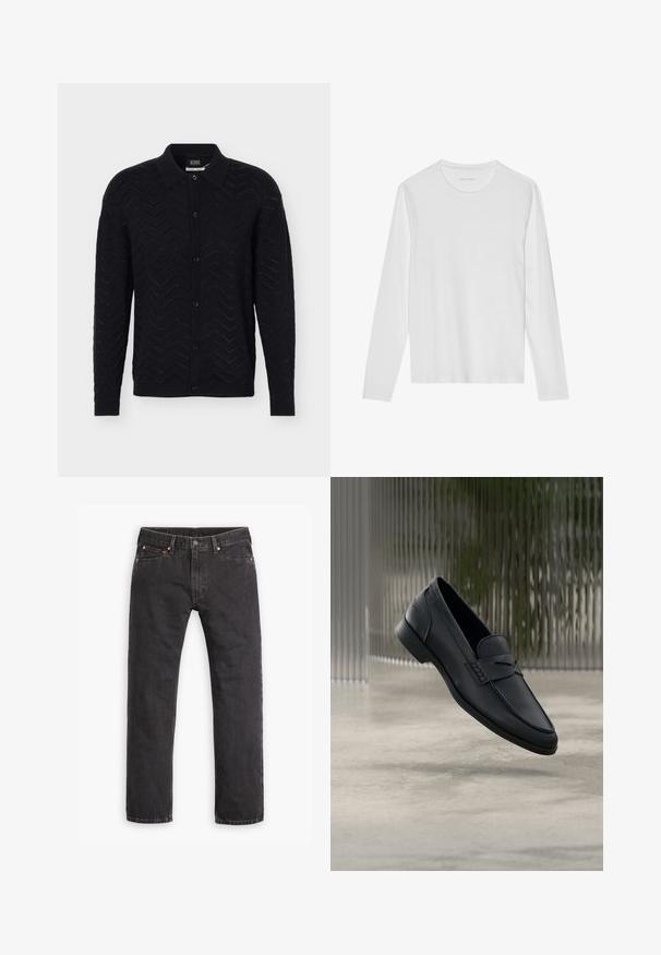 Cardigan noir à manches longues avec boutonnière, motif en chevrons en maille et col de chemise.; T-shirt blanc à manches longues en coton doux, avec un col rond et une texture lisse sans motifs ni accents visibles.; Jeans en denim noirs à jambes droites avec cinq poches, fermeture à bouton et rivets cuivrés, posés à plat sur un fond blanc.; Mocassin en cuir noir à finition lisse, bout pointu et détails cousus sur le dessus. Talon bas et design minimaliste.