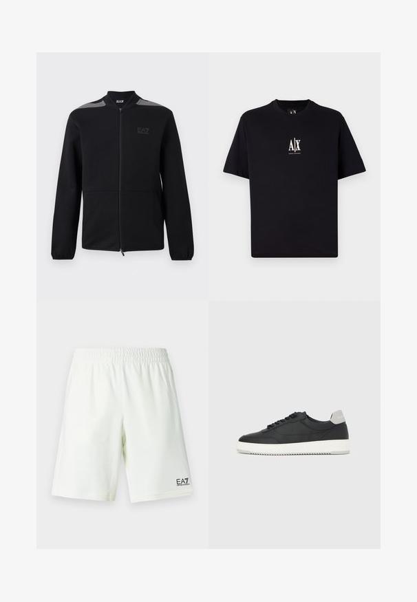 Veste noire zippée avec poignets élastiques, accents gris aux épaules et logo EA7 Emporio Armani sur le côté gauche de la poitrine, présentée sur un fond blanc.; T-shirt noir à manches courtes en coton. Présente un petit logo blanc "A|X" sur la poitrine. Forme simple et rectangulaire avec un col rond standard.; Shorts à taille élastique blanche avec logo EA7 Emporio Armani en noir sur la jambe droite en bas.; Baskets basses noires avec semelle blanche et languette grise au talon, vue de profil sur un fond blanc uni.