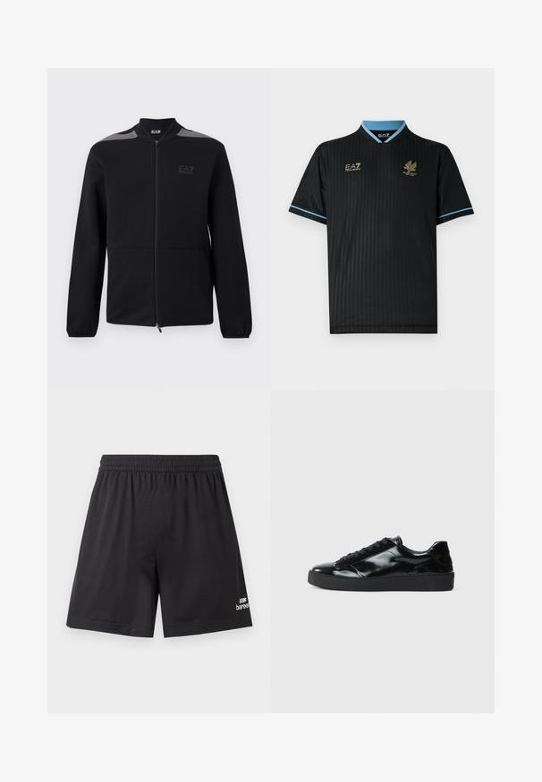 Veste noire zippée avec poignets élastiques, accents gris aux épaules et logo EA7 Emporio Armani sur le côté gauche de la poitrine, présentée sur un fond blanc.; Maillot noir à manches courtes avec rayures verticales fines, col et accents bleu clair, présentant des logos dorés à l'avant.; Shorts de sport en mesh noir avec taille élastique et logo blanc de la marque "baree" près de l'ourlet bas sur la jambe droite.; Baskets en cuir verni noir avec un bout arrondi, un laçage, une semelle en caoutchouc texturé et une finition lisse.