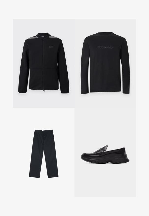 Čierna bunda na zips s elastickými manžetami, sivými akcentmi na ramenách a logom EA7 Emporio Armani na ľavej strane hrudníka, zobrazená na bielom pozadí.; Čierne tričko s dlhým rukávom a okrúhlym výstrihom, s logom "EMPORIO ARMANI" vyšitým čiernou niťou na hrudi.; Čierne bavlnené nohavice s rovnými nohavicami, s gombíkovým zapínaním a jednoduchým pásom. Bez vzorov alebo ďalších akcentov.; Čierne lesklé mokasíny s hrubou textúrovanou podrážkou a šitými detailmi, bočný profil na hladkom svetlosivom pozadí.