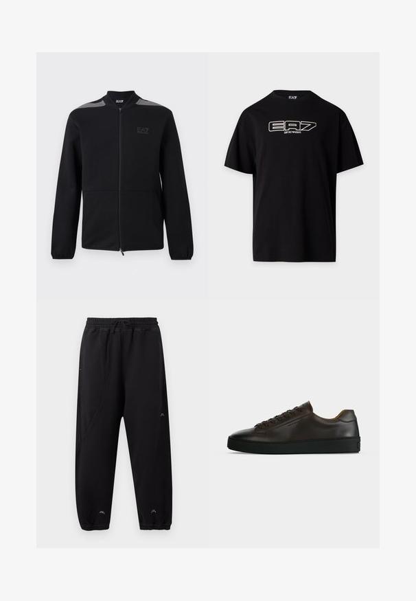 Veste noire zippée avec poignets élastiques, accents gris aux épaules et logo EA7 Emporio Armani sur le côté gauche de la poitrine, présentée sur un fond blanc.; T-shirt noir à manches courtes avec logo blanc EA7 Emporio Armani imprimé sur la poitrine, col rond et coupe régulière.; Pantalon de jogging noir avec taille et poignets élastiques, coupe slim, détails de couture discrets et petit logo blanc près des chevilles et de la cuisse.; Baskets basses en cuir marron foncé avec semelle en caoutchouc noire, lacets à l'avant et design minimaliste épuré sur fond clair.