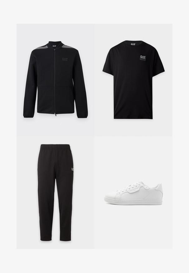 Zwarte jas met ritssluiting, elastische manchetten, grijze accenten op de schouders en het EA7 Emporio Armani-logo op de linkerborst, getoond tegen een witte achtergrond.; Zwarte T-shirt met korte mouwen, ronde hals en klein EA7 Emporio Armani logopatch op de linkerborst.; Zwarte joggingbroek met elastische taille, taps toelopende pijpen en een klein wit logo op het bovenste linker bovenbeen.; Witte leren sneaker met een ronde neus, zes oogjes, platte veters en een minimalistisch ontwerp. Bevat een klein logo aan de zijkant.
