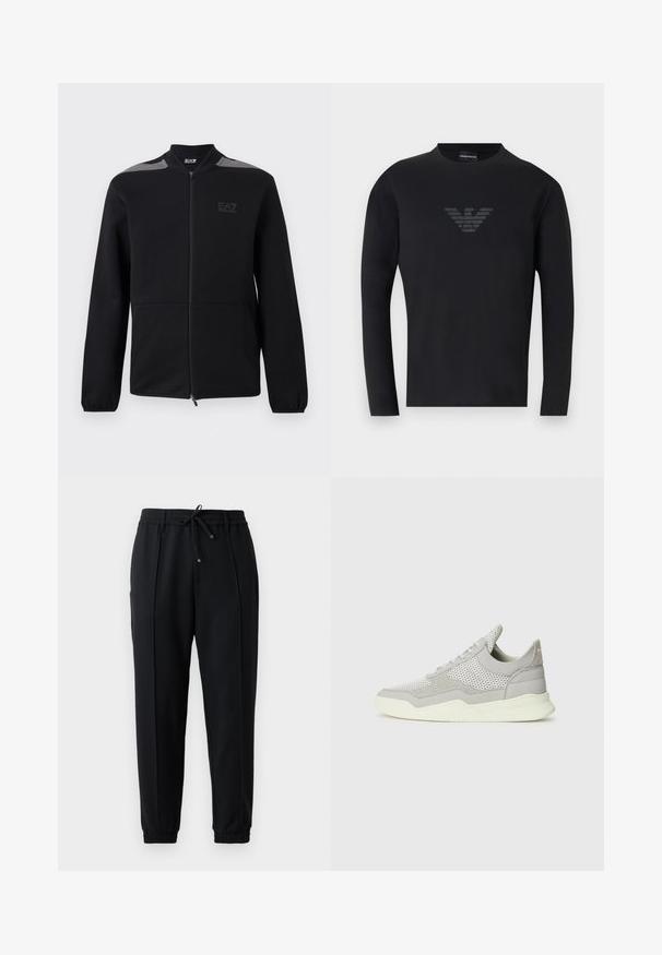 Sort jakke med lynlås, elastiske manchetter, grå skulderdetaljer og EA7 Emporio Armani-logo på venstre bryst, vist mod en hvid baggrund.; Sort langærmet rundhalset skjorte med et subtilt mørkegråt Emporio Armani ørn-logo centreret på brystet.; Sorte joggerbukser med en snøre i taljen, elastiske manchetter og en tætsiddende pasform. Lavet af blødt, strækbart stof med en glat tekstur.; Grå sneakers med mesh- og ruskindssektioner, gummisål og lyse farver. Har buet design og teksturerede paneler.