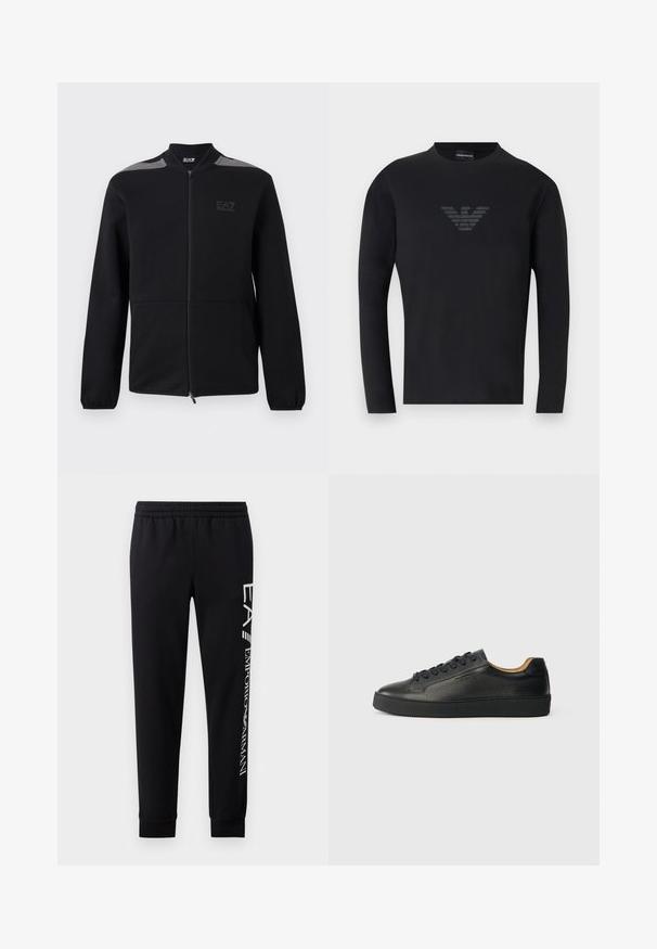 Must zip-up jope elastsete mansettidega, halli õlavarjundiga ja EA7 Emporio Armani logoga vasakul rinnal, valge tausta ees.; Must pikkade varrukatega ümar kaelusega särk, mille rinna keskel on peen tumehall Emporio Armani kotka logo.; Mustadest puuvillasegustest dressipükstest, millel on elastne vöökoht, kitsenevad säärte ning ribatsoonidega mansetid ja valge logo trükk külgmisel osal.; Mustad mustade nahast madalad sneakersid tekstureeritud pinnaga, mustade paeltega ja paksu kummitaldaga, kujutatud külgvaates heledal taustal.