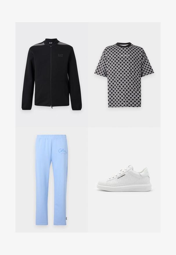 Must zip-up jope elastsete mansettidega, halli õlavarjundiga ja EA7 Emporio Armani logoga vasakul rinnal, valge tausta ees.; Mustvalge ruuduline lühikeste varrukatega särk, millel on korduvad ümmargused rahusümboli mustrid ja must krae.; Heledad sinine puuvillane dressipüksid elastse vööga. Vasakul küljel on brodeeritud "Colucci" logo ja sirge jala disain.; Valged sneakerid, mis on valmistatud siledast nahast ja millel on reljeefne muster. Omab ümmargust varvasekambrit, nööpide ja paeltega esiosa ning tekstuurset tallaosa. Külje peal on hõbedane logo detail.